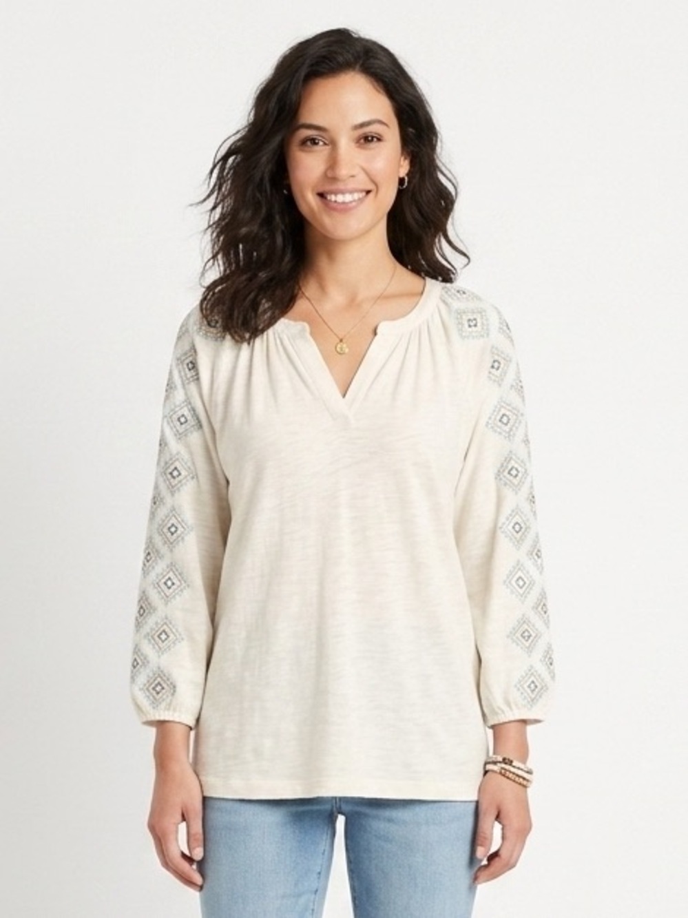 J Jill Pure Jill White V Neck Embroidered Tunic Top Cotton Medium